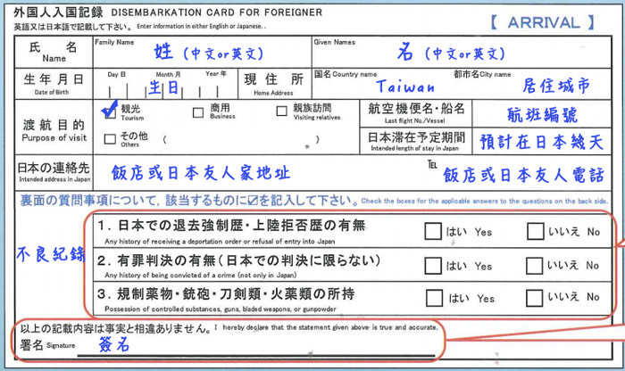 日本-旅遊-旅行-入境-搭機-海關-外國人-表格-日本入境表-填寫-教學